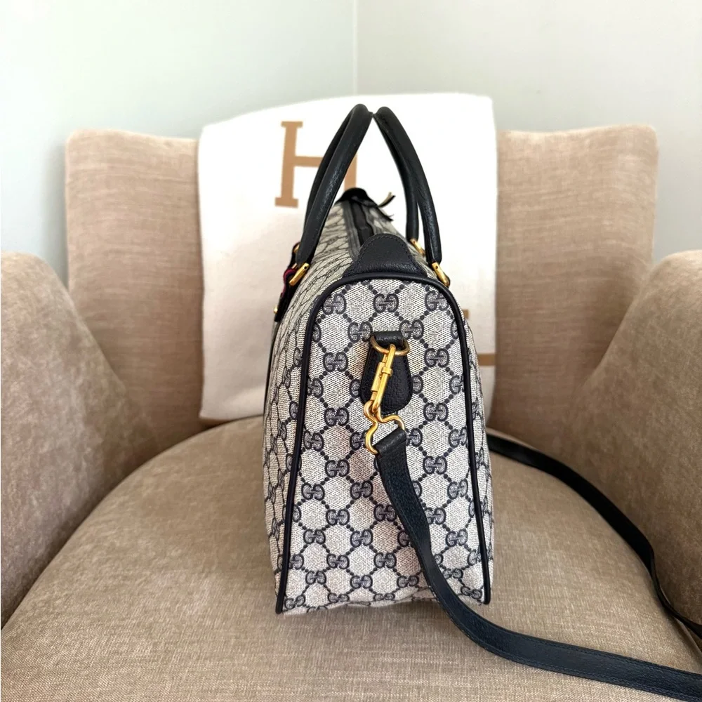 Authentic Gucci GG Supreme coated canvas  Boston Bag Satchel navy grey canvas
